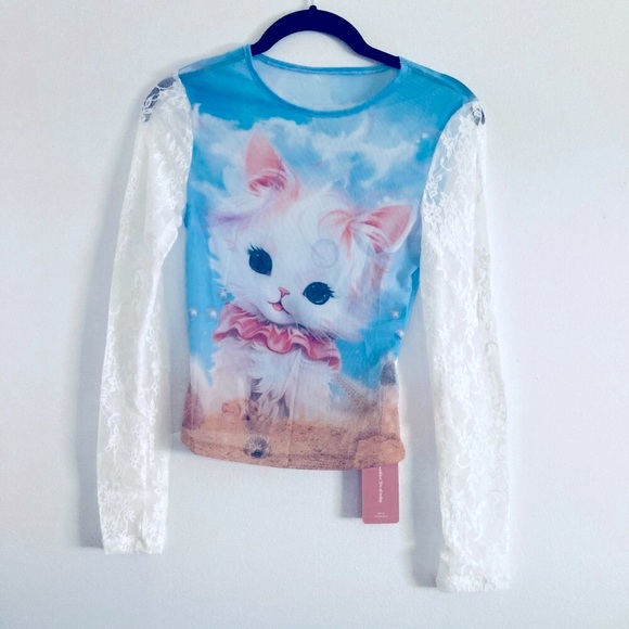 Kitty Sheer Mesh Top with Lace Sleeves - Picture 1 of 9